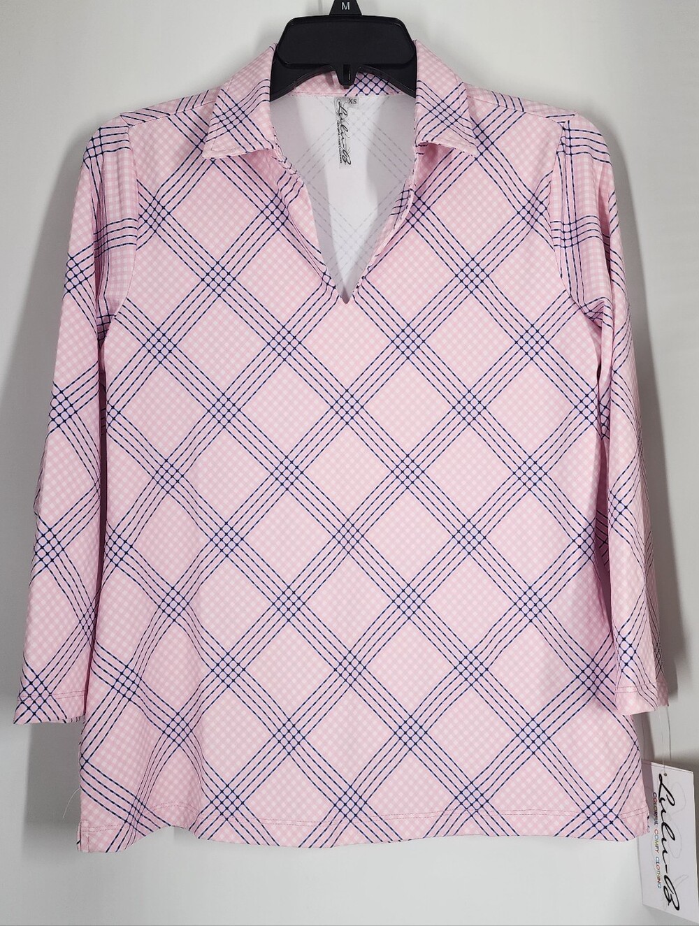 NEW LULU B Size XSmall 3/4-sleeve V-neck knit top fold-over collar UPF 50+ Prin